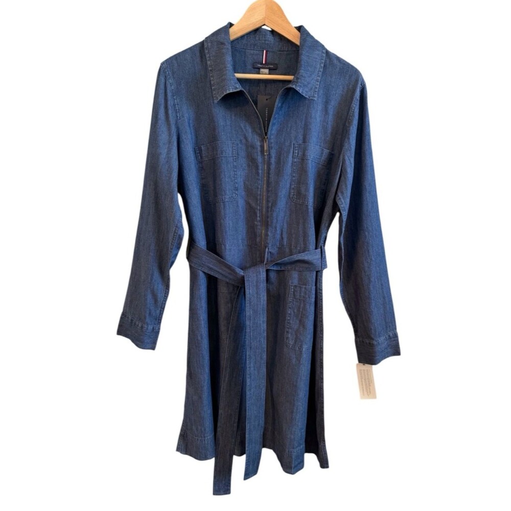 Tommy Hilfiger Blue Denim Chambray Long Slv Shirt Dress Womens 14 Zip Tie Belt
